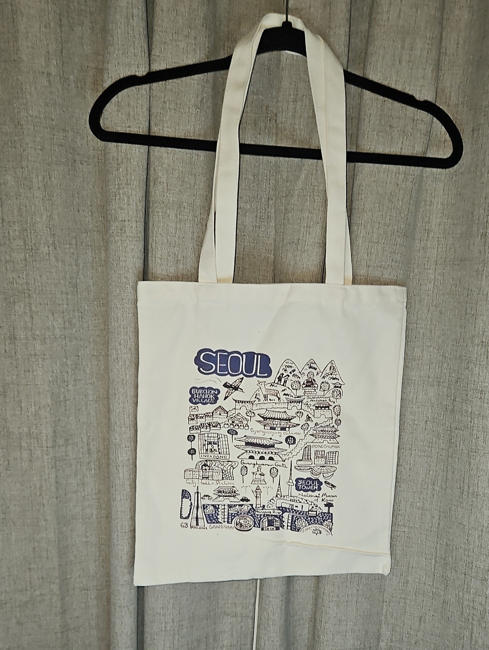 Seoul Illustrated Canvas Tote Bag - White with Navy Print